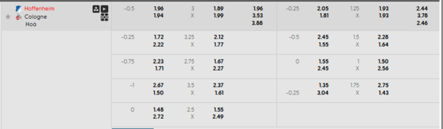 Bảng kèo mới nhất trận Hoffenheim vs FC Koln