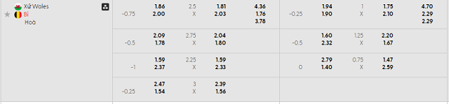 Bảng kèo mới nhất trận Wales vs Bỉ