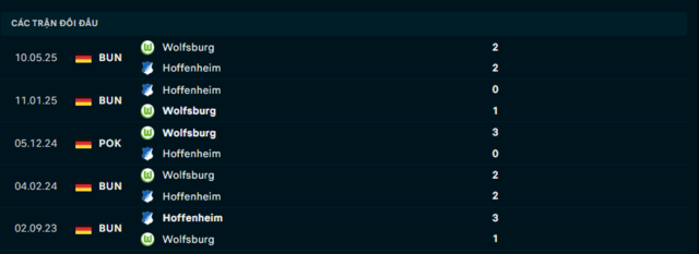Lịch sử đối đầu Wolfsburg vs Hoffenheim